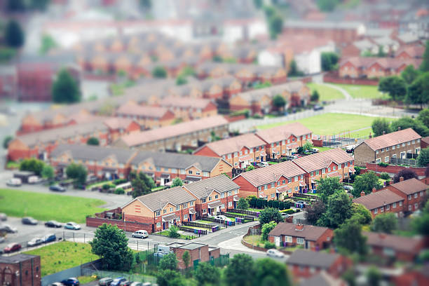 High angle view of houses in a neighbourhood in Liverpool, England.